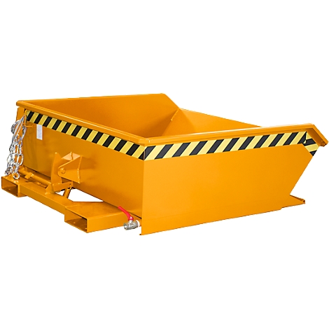 Gelbe Mulde, mit schwarz-gelben Warnstreifen. Seitlich Ketten und ein Wasserhahn.