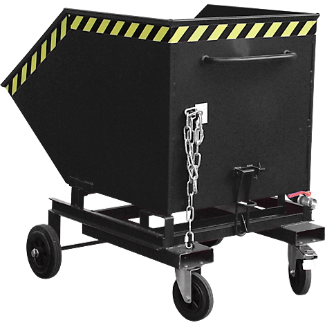 Zwarte kantelcontainer op wielen met geel-zwarte markering. Ketting en kraan.