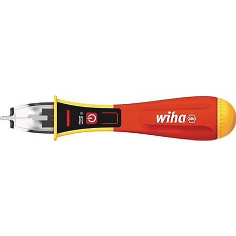 Een geel en rode spanningstester met punt, wiha logo en aan-uit schakelaar.