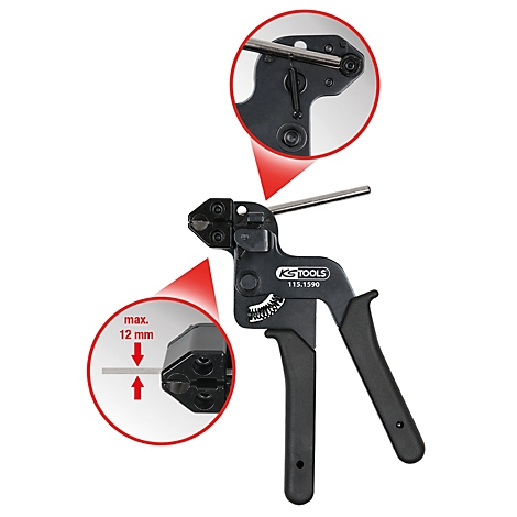 Schwarze KS TOOLS Zange mit roten Pfeilen und Vergrößerungen. Aufschrift: max. 12 mm.