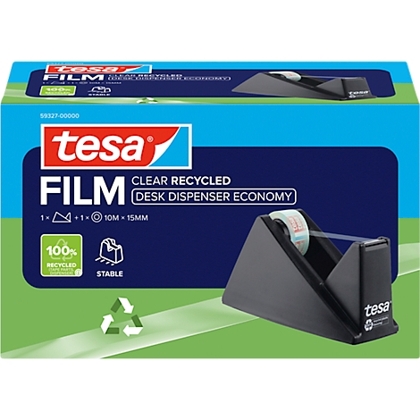 Tesa Film-Klebeband mit Spender auf Verpackung. Produktname, Eigenschaften und Recycling-Symbol.