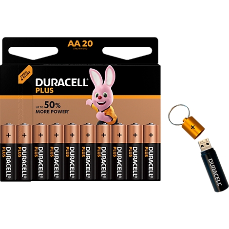 Sparangebot DURACELLÂ® Batterien Mignon Plus, Mignon AA, Spannung 1,5 V, 20 StÃ¼ck + USB-Stick mit 4 GB SpeicherkapazitÃ¤t, 62 x 17 x 17 mm, schwarz