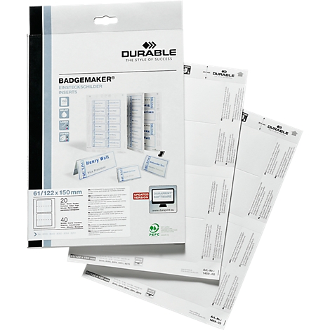 Durable Badgemaker, name badges with inserts and label sheets. Prints: "Durable", "Badgemaker".
