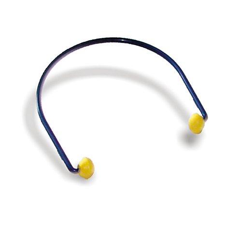Headband hearing protection with a blue frame and yellow earplugs. On a white background.