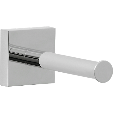 Chrome toilet paper holder with a white holding bar. The holder is square.
