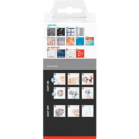 Product packaging with application examples. Top: "Applicable" and "Not applicable" with various surfaces. Bottom: Instructions for "Easy On" and "Easy Off".