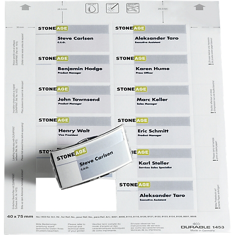 Sheet of name tags. One tag removed, showing 'Steve Carlsen'. Various names displayed on the sheet.