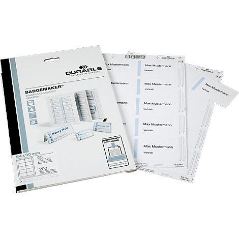 A package of DURABLE badge maker labels and printed name tags. Lettering: BadgeMaker, Max Mustermann, DURAPRINT SOFTWARE.