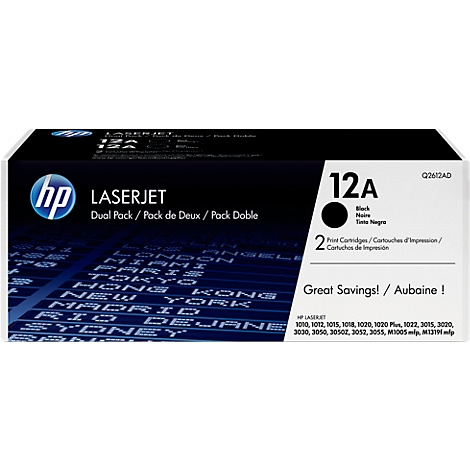 Schwarze HP LaserJet-Doppelpack-Tonerkartuschen 12A, Packung mit 2 Patronen. Aufdruck mit der Aufschrift: "Great Savings!".