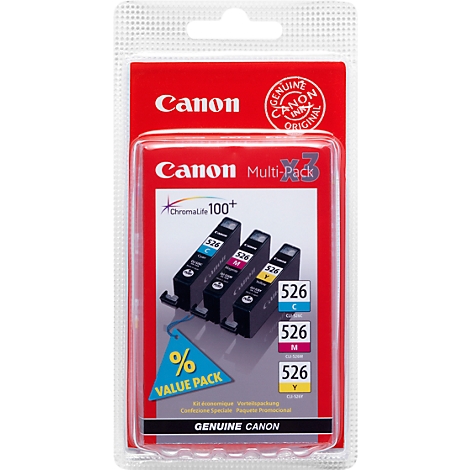 Canon Tintenpatronen-Packung, rot, mit drei Patronen in Schwarz, Blau und Gelb.