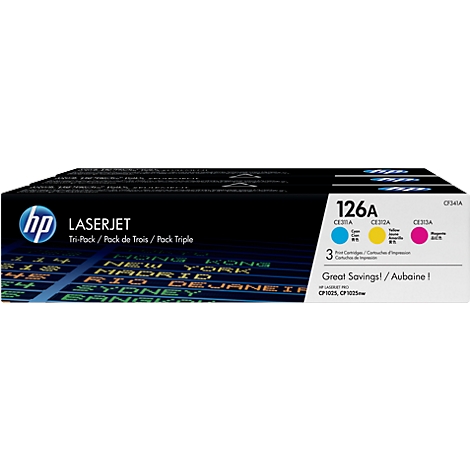 HP-Laserdruckerpatronen-Dreierpack, blau, gelb und magenta. Aufschrift: 126A, Great Savings!