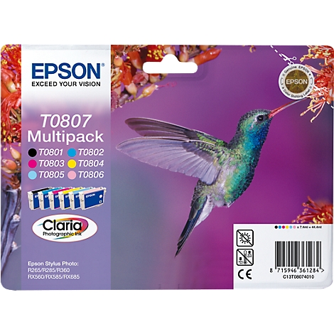 Epson T0807 Multipack Tintenpatronen mit einem Kolibri vor lila Hintergrund.