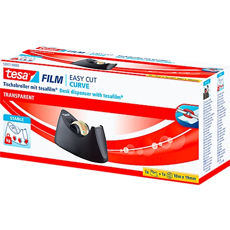 Tesafilm-Tischabroller in einer Verpackung. Aufschrift: tesa FILM EASY CUT CURVE.