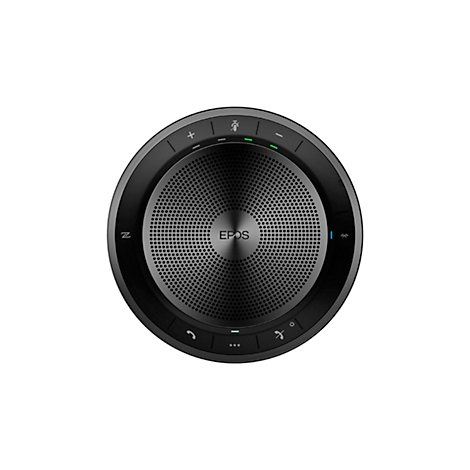 Vue de dessus d'un téléphone de conférence EPOS noir et rond avec des commandes.