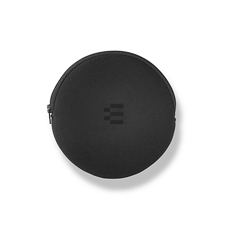 Étui noir et rond pour casque avec fermeture éclair et logo.