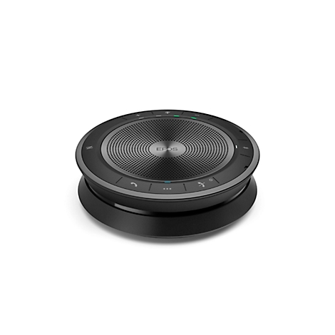 Haut-parleur de conférence rond et noir avec une grille argentée et l'inscription "EPOS". Sur une base noire, sur fond blanc.