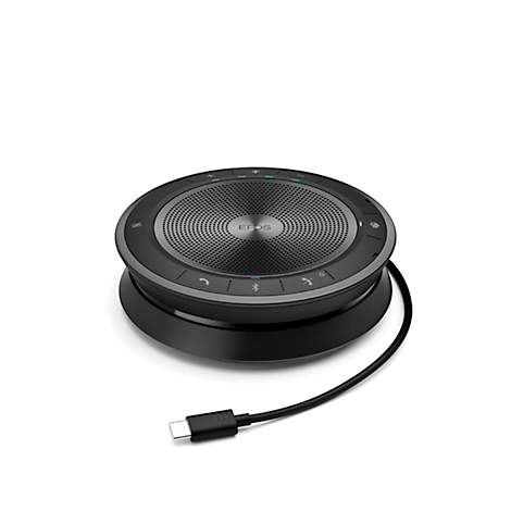 Haut-parleur noir sur support noir, câble avec connecteur USB-C, logo "EPOS".