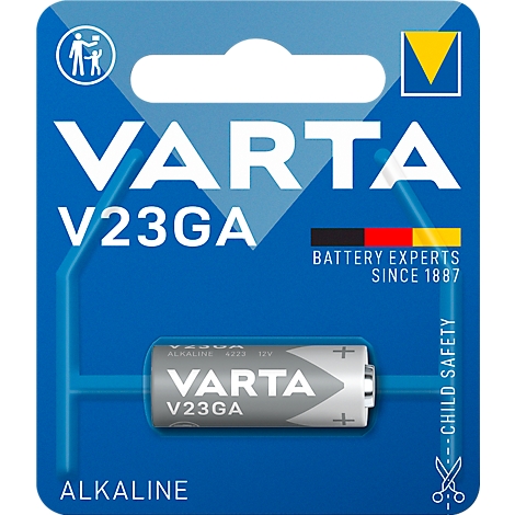 A battery in packaging is pictured on a blue background. It says "VARTA V23GA", with the word "ALKALINE" below.
