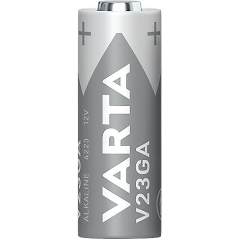 Grey VARTA battery, V23GA, 12V, with plus signs.