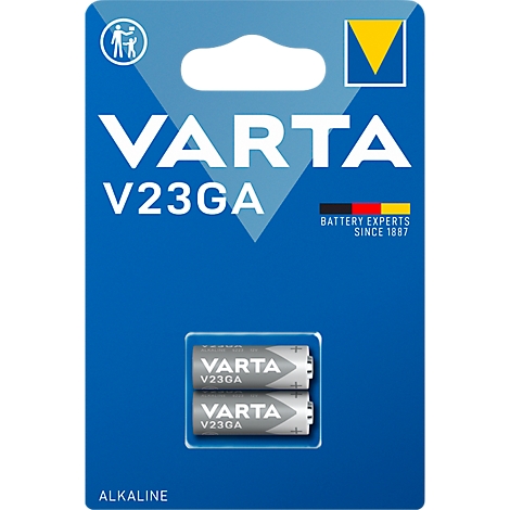 Blue VARTA battery pack. VARTA lettering and V23GA model designation. Two batteries in the window. "Battery Experts since 1887".