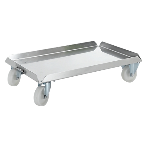 Metal transport trolley with four wheels. The trolley has a rectangular shape with raised sides. The background is white.