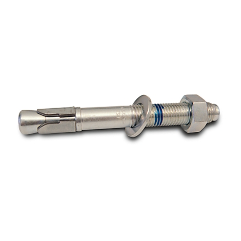 Steel anchor against a white background. It consists of a screw, nut and washer.