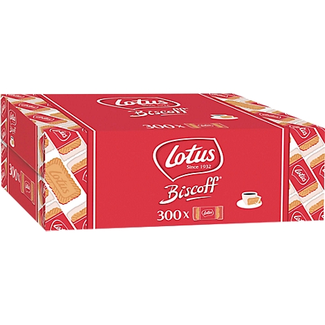 Red carton packaging of Lotus Biscoff biscuits with imprints and a depiction of a biscuit with coffee.