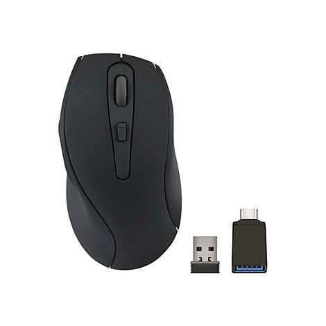 Drahtlose schwarze Computermaus mit einem USB-A- und einem USB-C-Empfänger vor weißem Hintergrund.