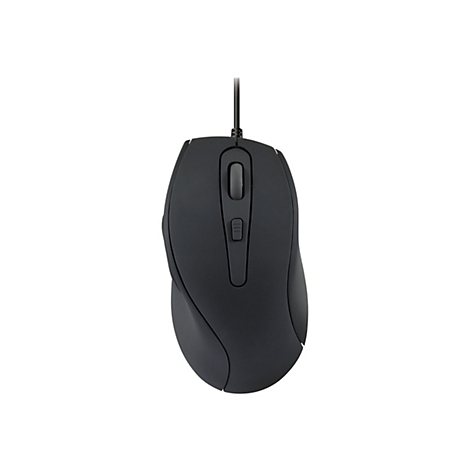 Schwarze, kabelgebundene Computermaus in ergonomischem Design vor weißem Hintergrund.