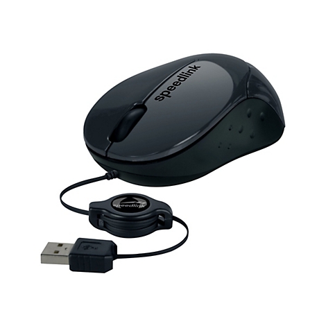 Schwarze, glänzende Speedlink Computermaus mit Kabelaufroller und USB-Anschluss vor weißem Hintergrund.