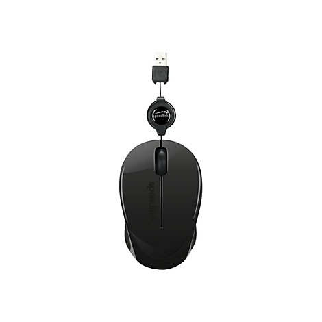 Schwarze, kabelgebundene Computermaus von Speedlink mit aufrollbarem USB-Kabel vor weißem Hintergrund.