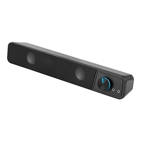 Schwarze Soundbar mit Lautstärkeregler und Anschlüssen. Die Vorderseite hat zwei Lautsprecherauslässe. Auf weißem Hintergrund.
