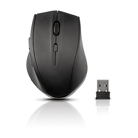 Souris noire sans fil et récepteur USB sur fond blanc. La souris possède une molette et des boutons.