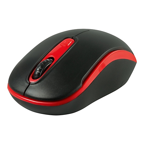 Drahtlose Computermaus. Schwarz mit roter Akzentfarbe, Scrollrad und DPI-Taste.