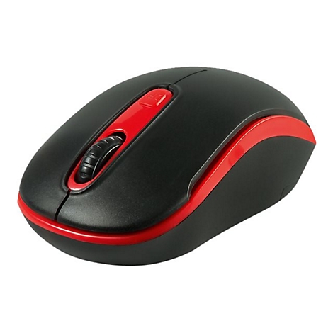 Schwarze Computermaus mit roten Akzenten. Scrollrad, seitliche rote Linien, roter Knopf.