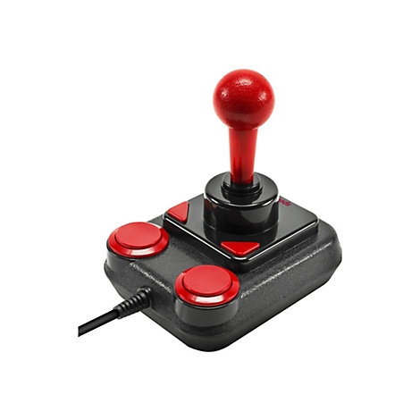 Ein roter Joystick mit Kugelknauf, zwei Knöpfen und dreieckigen Richtungspfeilen. Schwarzer Sockel.