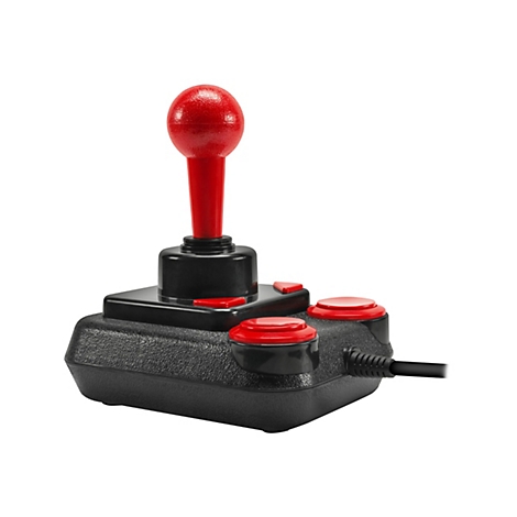 Ein klassischer Joystick für Videospiele. Schwarze Basis mit rotem Joystick, zwei roten Knöpfen und einem roten Knopf.