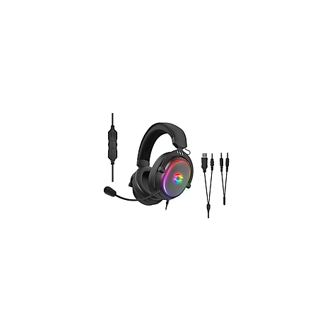Schwarzes Gaming-Headset mit farbiger Beleuchtung, Mikrofon und verschiedenen Kabeln.