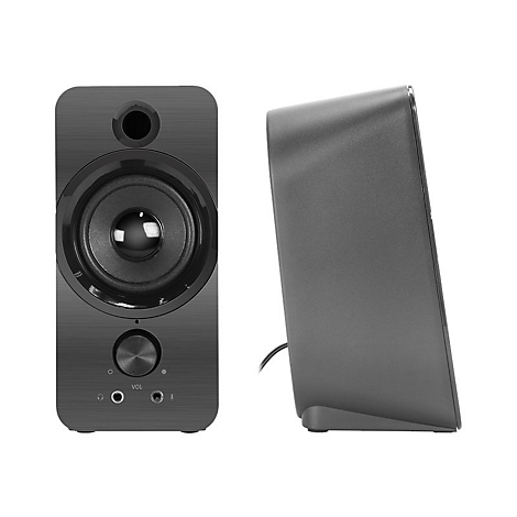 Deux haut-parleurs gris sur fond blanc. L'un a une commande de volume.