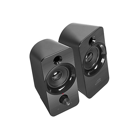 Deux haut-parleurs d'ordinateur noirs, légèrement inclinés. Une commande de volume avec une LED rouge. "speedlink" est écrit sur un haut-parleur.