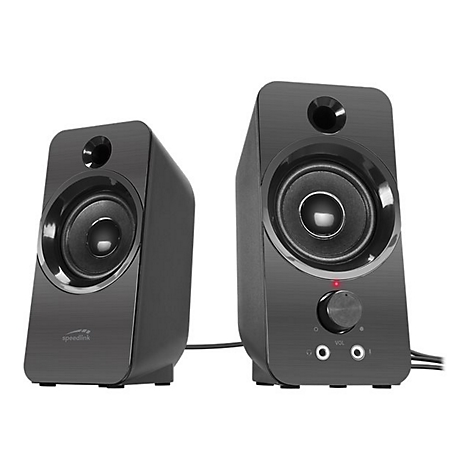 Zwei schwarze Speedlink PC-Lautsprecher. Der rechte Lautsprecher hat einen Lautstärkeregler und eine rote LED.