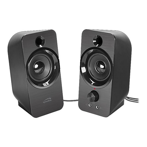 Zwei schwarze Computerlautsprecher mit Lautstärkeregler und 'speedlink'-Logo.