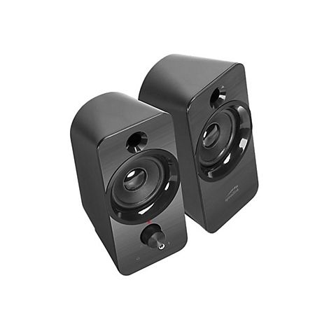 Zwei schwarze Lautsprecher vor weiÃŸem Hintergrund. Einer hat einen Drehregler.