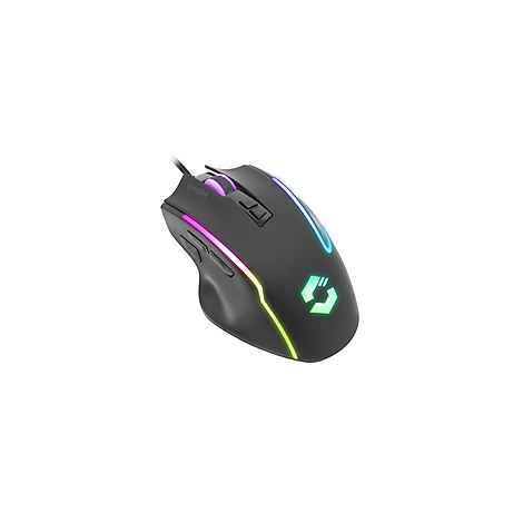 Schwarze Gaming-Maus mit mehrfarbiger RGB-Beleuchtung und Logo auf weißem Hintergrund.