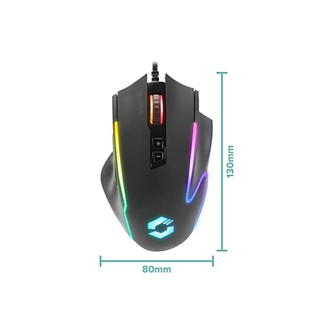 Schwarze Gaming-Maus von Speedlink mit RGB-Beleuchtung und Maßangaben von 130mm Länge und 80mm Breite.