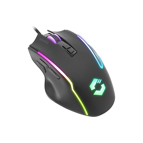 Schwarze Gaming-Maus mit bunter RGB-Beleuchtung und Speedlink-Logo vor weißem Hintergrund.