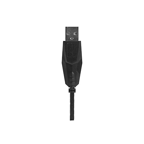 Schwarzer USB-A-Stecker mit geformtem Kunststoffgehäuse und textilem Kabelmantel vor weißem Hintergrund.