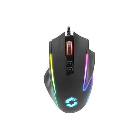 Schwarze Gaming-Maus von Speedlink mit farbiger RGB-Beleuchtung auf weißem Hintergrund.