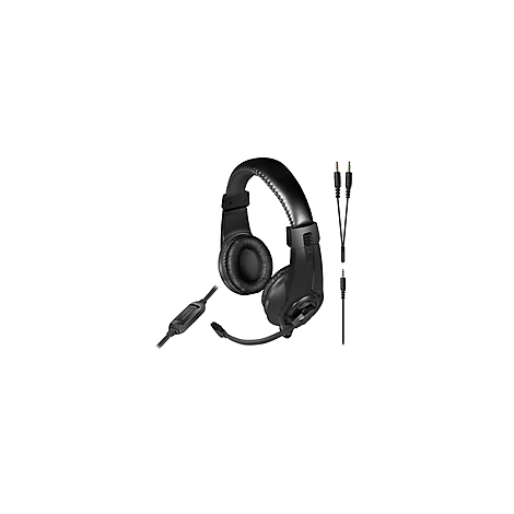 Schwarzer Over-Ear-Kopfhörer mit Mikrofon und Kabeln auf weißem Hintergrund.