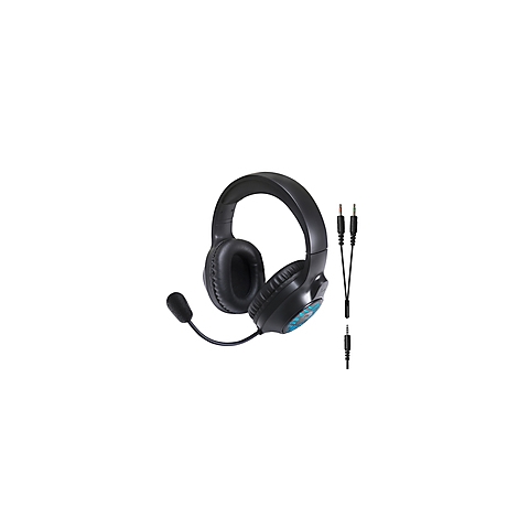 Casque de jeu noir avec microphone et câbles. Les oreillettes et le bandeau sont rembourrés.